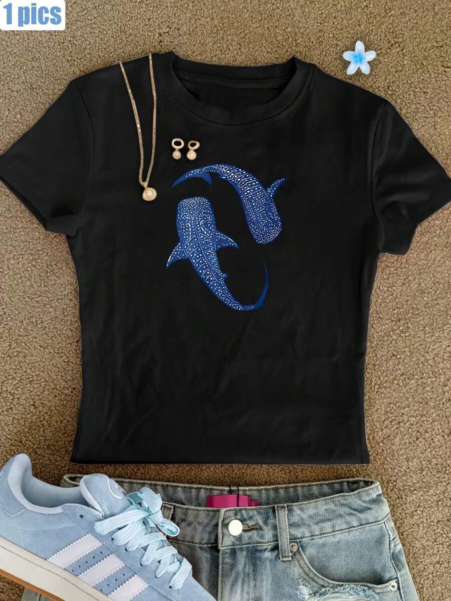 00008-A Women's Tight-Fitting Top, With A Creative And Fashionable Whale Shark Pattern Print, Pure And Desirable Korean Y2K Style Summer Round-Neck Short-Sleeve T-Shirt, Women's Clothing QHH2486 - 黑色 - 查看 1