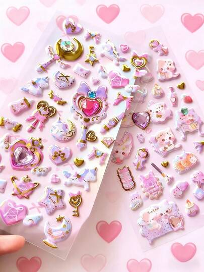 两套3D贴纸，包括散装贴纸、水钻贴纸、水晶贴纸和可爱的海绵塑料装饰贴纸。