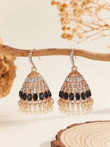 1 Pair Fashionable Boho Style Colorful Cubic Zirconia Bell Round Bead Tassel Earrings, Exquisite And Glamorous Bollywood Ear Jewelry, Suitable For Women's Daily, Festival, Wedding And Party Wear/Jewelry Gift - Multicolor - View 11