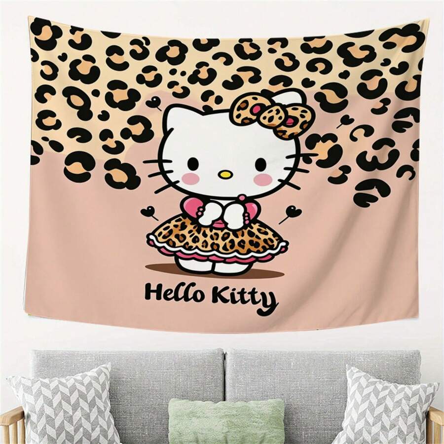 SANRIO 1件装三丽鸥Hello Kitty豹纹挂毯 | 美观卡通墙饰，适用于客厅、卧室、宿舍，可爱动漫艺术，涤纶绒面，桃皮绒 - 彩色 - 查看 1