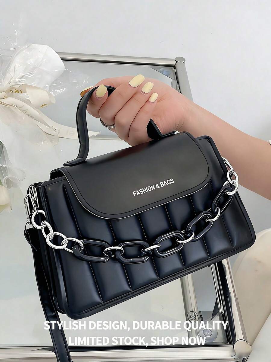 Shoulder Bags Handbag Simple Design PU Leather Shoulder Bag Women's Chain Imitation Embroidery Thread Women's Shoulder Bag Shoulder Bag,Women Handbags - 黑色 - 查看 1