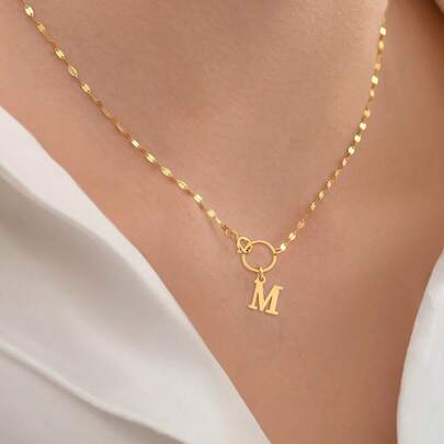 1 pieza Collar de cadena de acero inoxidable con inicial redonda hueca simple y hebilla de resorte dorada de moda para mujeres