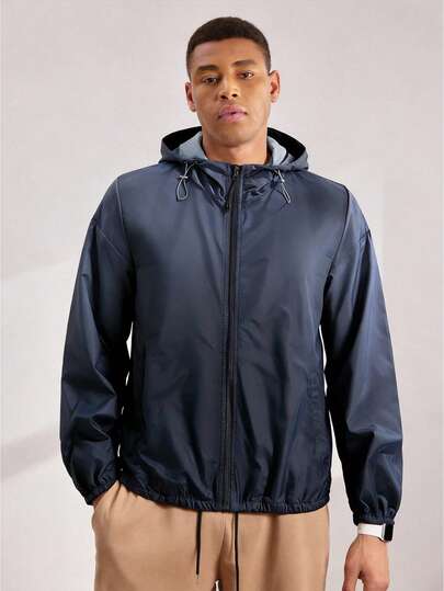 Driftmere 1pc Men's Navy Blue Ombre Hooded Long Sleeve Jacket, Drawstring Hood Design, Soft Breathable Fabric, Minimalist Sporty Style, Machine Washable, Suitable For Spring/Summer Outdoor Activities, Sports, Fishing, Hiking