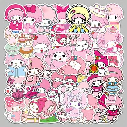 SANRIO 50张钢琴图案三丽鸥贴纸 - 粉色绵羊防水装饰贴纸，可爱DIY麻糬风格贴纸，适用于笔记本、手机壳、水杯和手工项目