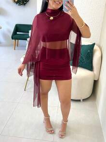 Fashion Tulle Set With Flowing Sleeves And Shaping Skirt In Spandex - Gỗ đỏ - Xem 5