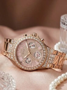 Guess Women's Luxury Rose Gold "Diamond" Watch, Pink Crystal Embedded Dial With Rectangular Diamond Inlay, Sparkling Party Wristwatch GW0320L6 - Rose Gold - View 7