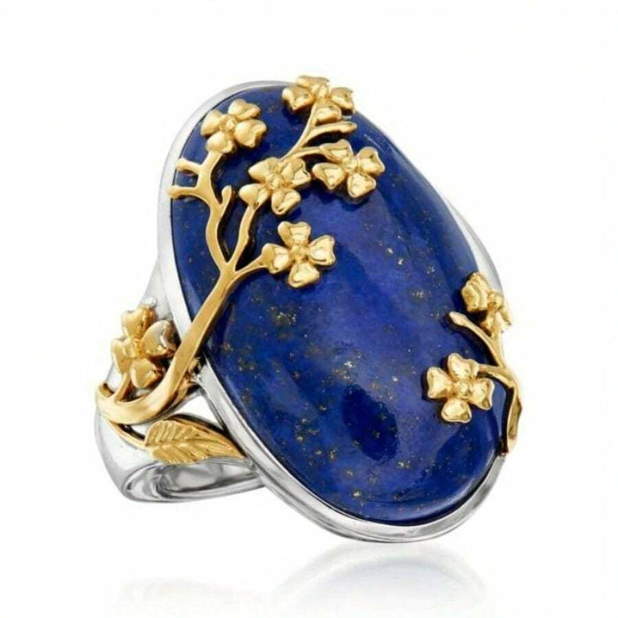 Nhẫn phong cách Bohemian sang trọng | Nhẫn vàng đính đá Lapis Lazuli nhân tạo | Nhẫn Boho thủ công | Nhẫn cỡ lớn dành cho nữ | Nhẫn quà tặng - Bạc - Xem 1