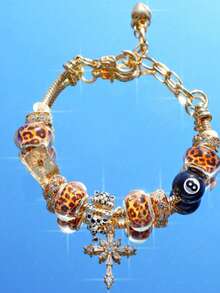 1pc Women's Adjustable Bracelet Set With Pool Ball, Star, Cross Charms, Leopard Print & Time Charms - Gold - View 2