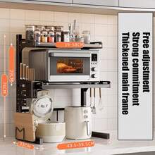 Estante de cocina de 3 niveles con 6 ganchos | Estante multifuncional expandible para horno microondas, estante de almacenamiento de encimera para horno de varios niveles, estante de almacenamiento de artículos, altura ajustable, construcción de hierro con tubos dorados, estantes utilitarios - Negro - Ver 4