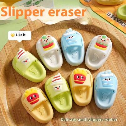 2/4/8/12pcs Cute Creative Slipper Shaped Erasers - Interesting Food Themed Cartoon Design Stationery, Thermoplastic Rubber Material, Suitable As Gifts For Friends, Classroom And Home Use, Adorable Erasers, School Supplies, Design, Smooth Texture