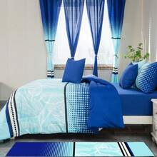 Casaisla Home Collection Set 15 Piezas Coordinado de Habitación Incluye Edredón Reversible, 2 Sábanas, 2 Fundas de Almohada, 2 Forros de Cojines, 4 Cortinas, 1 Alfombrilla Larga y 1 Juego de Baño - Tamaño Matrimonial y King Size - Azul Turquesa - Ver 3