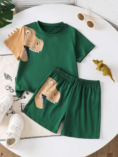 2pcs Young BoyTrendy Summer Cute Dinosaur Graphic T-Shirt And Shorts Set