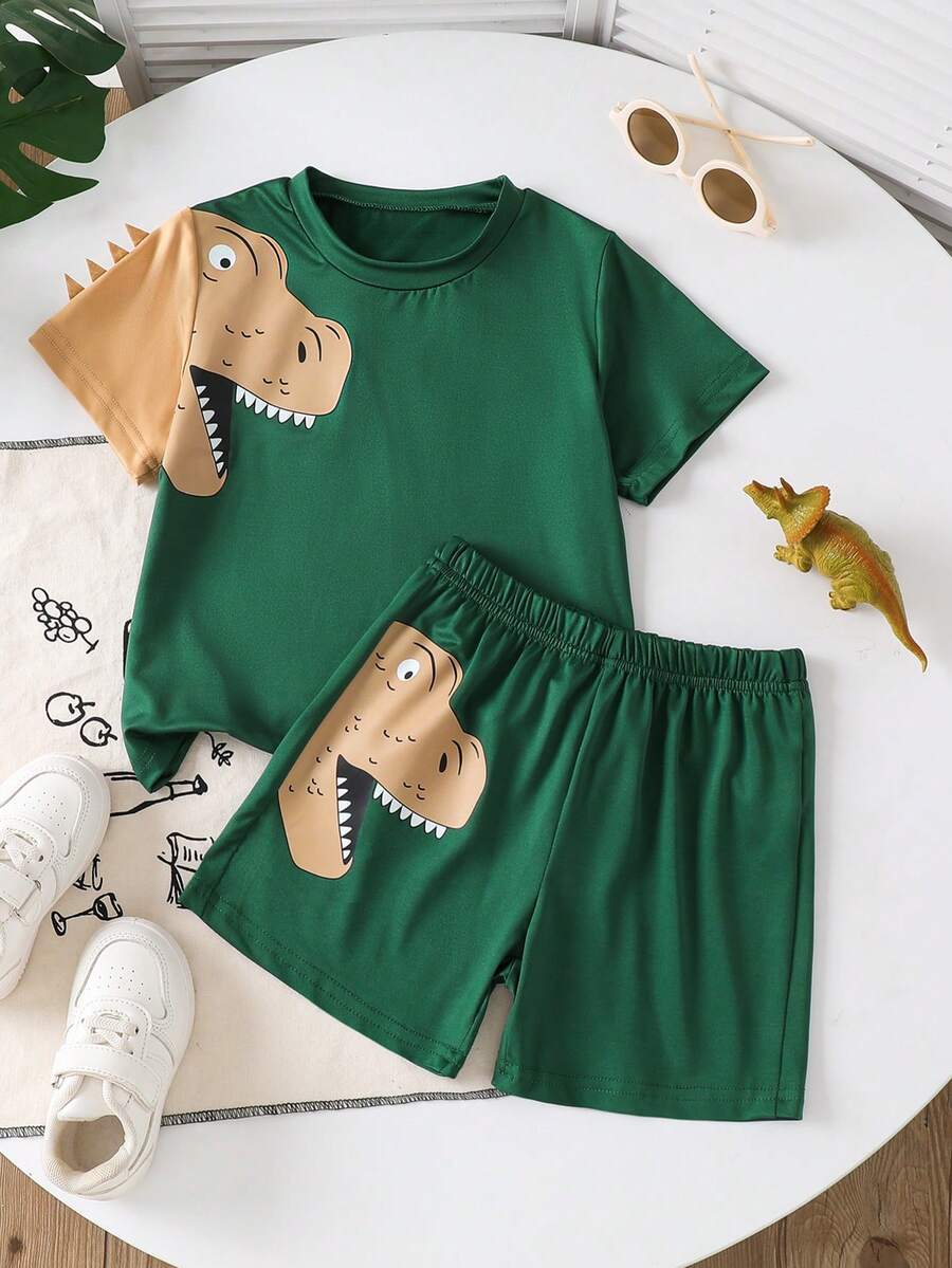 2pcs Young BoyTrendy Summer Cute Dinosaur Graphic T-Shirt And Shorts Set - Green - View 1
