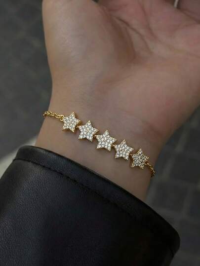 1 pieza Pulsera de mujer con estrella de strass delicada, cadena ajustable con encanto de cinco estrellas en oro, plata o rosa, joyería minimalista con CZ brillante, regalo para niñas, pulsera con encanto de estrella Y2K, cadena de strass de moda, brazalete geométrico sencillo, regalo de cumpleaños para ella