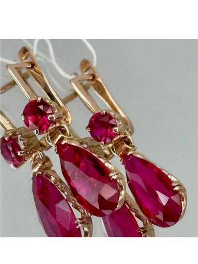 复古铜质手工镶嵌红色水滴形合成锆石耳环，波西米亚风钩式吊坠耳环，女士款