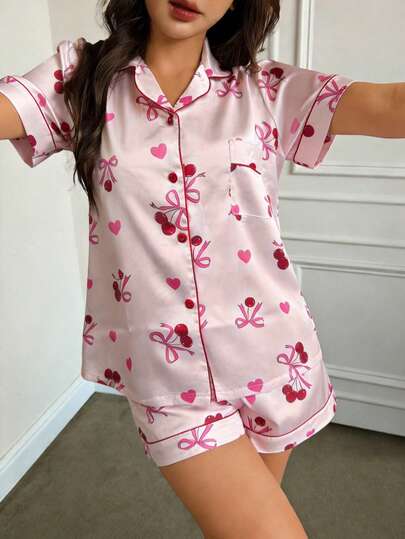 女士樱花蝴蝶结印花翻领上衣短裤睡衣套装，四季皆宜，纽扣闭合，休闲家居服