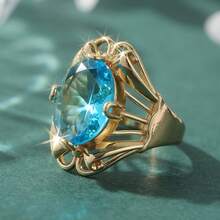 Anillo vintage con tono de cobre, incrustado con piedra de zirconia sintética azul ovalada - Dorado - Ver 5