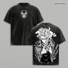 Enjin Gachiakuta Washed Tee – Heavy Cotton Oversized Vintage Graphic T-Shirt, Gritty Manga Antihero Streetwear, Cyberpunk Style Unisex Retro Top - 黑色 - 查看 2