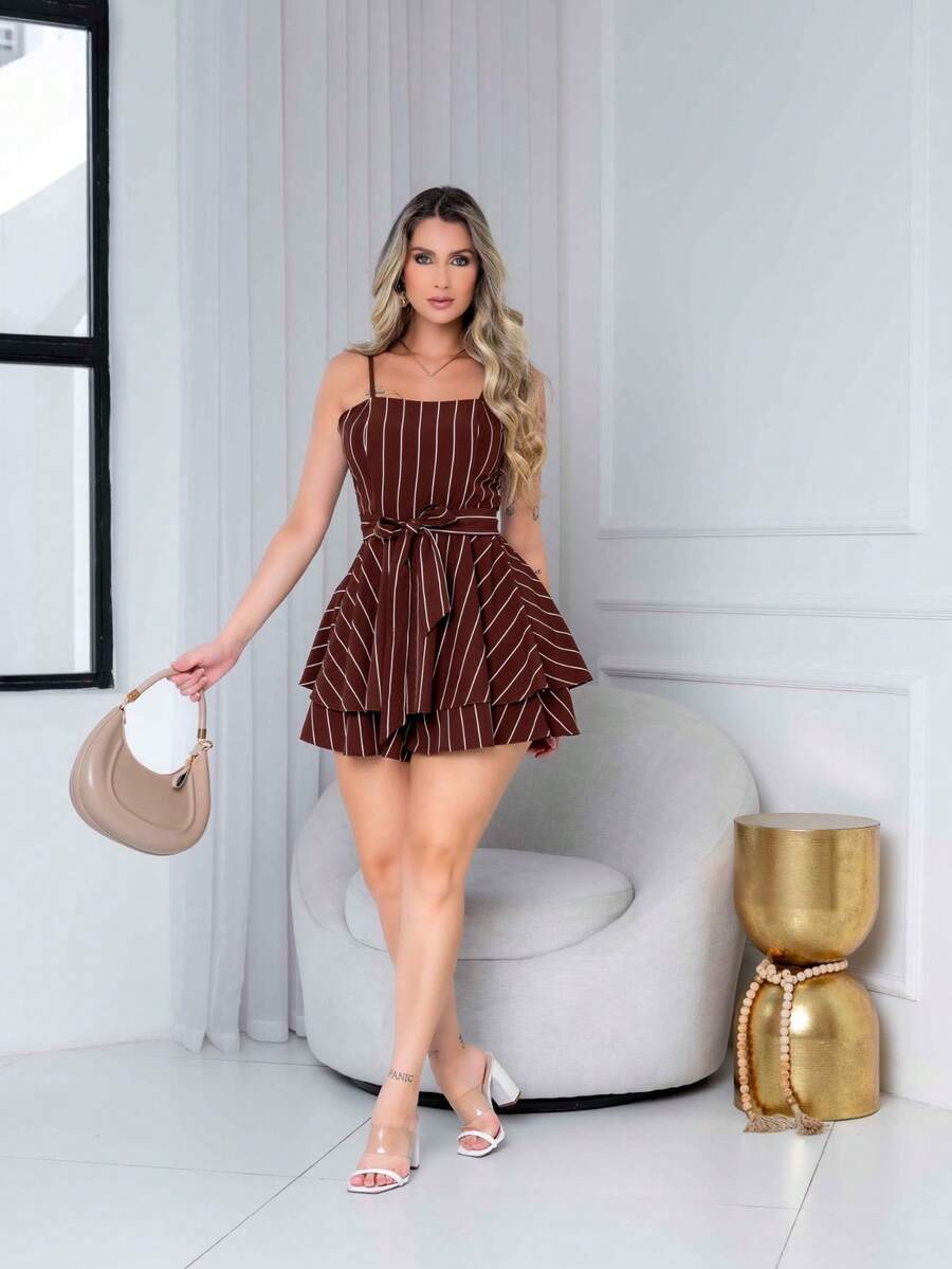 Basic Printed Romper With Padded Cups Duna Premium Sizes P, M, G, And GG - Chocolate Brown Chalk Stripe - View 1