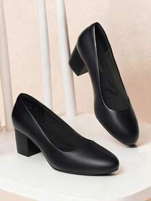 Women's Low Chunky Pumps Block Heel Dress Shoes Closed Round Toe Comfortable Heels For Commuting Parties Daily Wear - BLACK-PU - View 5