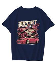 Summer New Casual Funny Racing Car & Flower Print Round Neck Short Sleeve T-Shirt, Fashionable Versatile Women's Top - Navy - View 3