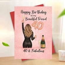 Cartão de aniversário de 40 anos para amiga - 'Feliz aniversário para minha linda amiga, 40 e fabulosa' - Ilustração divertida de champanhe e balão - Inclui envelope - Presente perfeito e glamoroso para celebrar o aniversário de 40 anos da sua melhor amiga com estilo e alegria. - Peça única - Ver 9