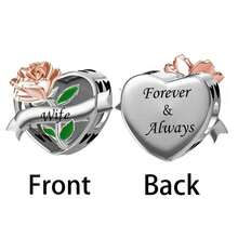 HuooNew 1件 S925 純銀雙面心形吊墜珠，玫瑰金玫瑰葉環氧樹脂雕刻「Wife Forever & Always」情人紀念 DIY 手鍊大孔銀珠 - 銀色 - 查看 6