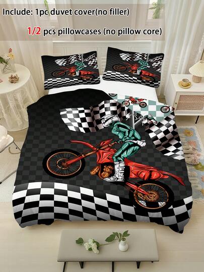 2/3件套家用纺织床上用品套装+酷炫摩托车羽绒被套，采用聚酯纤维面料，双面超大印花，柔软双面可用，儿童礼物，适合青少年、男孩和女孩，四季皆宜的房间装饰，带拉链。