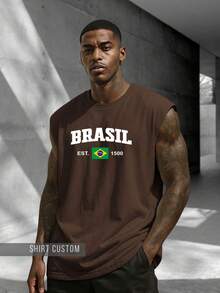 Oversized Tank Top With Brazil 1500 National Flag Print, Retro Style, Casual Urban Attitude, Comfort, Summer Fashion - 鏽棕色 - 查看 2
