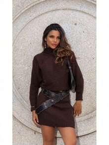 Mayra Women's Knit Set With Batwing Sleeves And Short Skirt In Mousse - 鏽棕色 - 查看 2