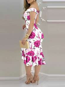 ChicMe 女士印花露肩修身中长连衣裙，荷叶边下摆开衩设计，优雅适合派对、鸡尾酒会和约会场合。 - 粉色 - 查看 3