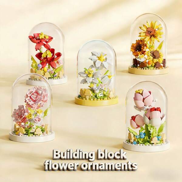 6 bucăți blocuri de construcție din lemn cu flori conservate în microgranule, decor creativ de asamblare DIY pentru desktop cu capac transparent acrilic anti-praf, ambalaj pentru cutie cadou pentru jucării, potrivit pentru colecția de afișaje la fereastră și cadouri de ziua de naștere/festival de primăvară