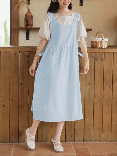 女士加大码；浅蓝色连体抽绳围裙，带口袋，可爱时尚的侧开衩褶皱防污罩衫，适合多种场合，有薄款和厚款可选。