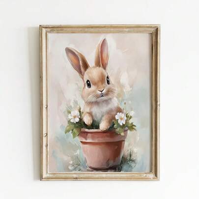 لوحة فنية لأرنب الغابة بدون إطار في وعاء من الطين، ديكور ربيعي أنيق لعيد الفصح، ملصق حيوان غابوي عتيق للغرفة المعيشية والنوم وغرفة الطالب، ملصقات فريدة وديكور منزلي
