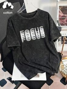 女士休闲 Focus 字母印花水洗圆领短袖 T 恤，春夏秋季黑色 - 黑色 - 查看 5