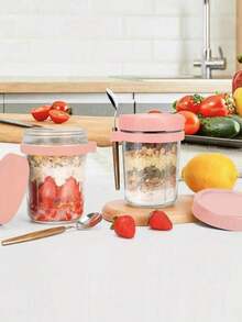 Portable Oatmeal/Yogurt Breakfast Cup, Mason Glass Milk Cup With Lid And Spoon, Salad Cup - Multicolor - View 4