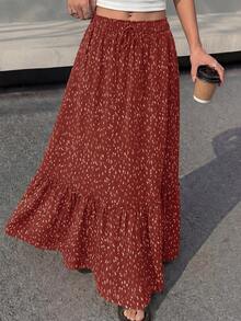 Women Floral Boho Elastic High Waist Flowy Tiered A-Line Maxi Skirt Spring Summer Holiday Beach Vacation Long Skirts With Pockets - 紅色 - 查看 2