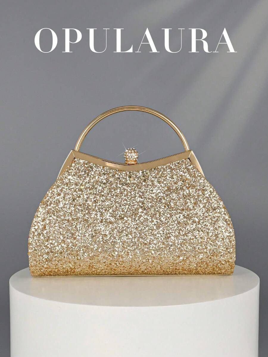 OpulAura Sparkling Crystal Embellished Evening Clutch Bag For Women, Luxury Glitter Rhinestone Formal Purse Suitable For Gala, Party, Wedding, Birthday Party, Anniversary Gift, Women's Glitter Clutch Purse Pleated Mini Bag Elegant Evening Handbag - 金色 - 查看 1