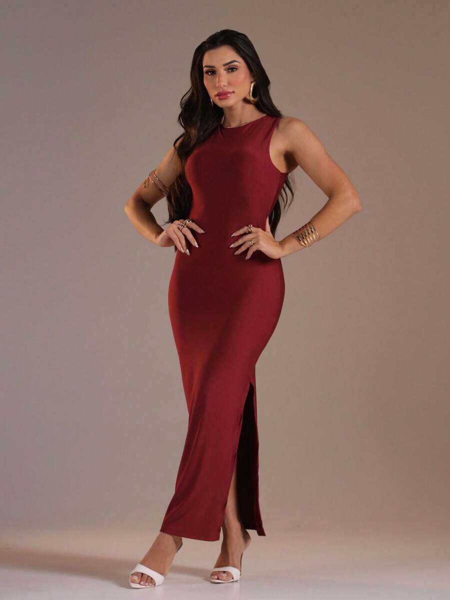 J.A.B.I Modas Vestido Feminino Midi Regata Cavado Justo Básico Suplex