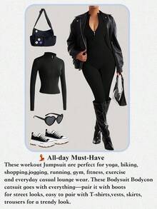 Plus Size Women's Skinny V-Neck Zip-Up Workout Jumpsuit, Casual Slim Yoga Romper Bodysuit Bodycon Sexy One Piece, Easy To Match Looks Slim, Flatter The Figure Fall, Plus Size Womens Jumpsuit. - 黑色 - 查看 5