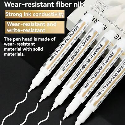 White Oil-Based Marker Pen Set, Durable Fiber Tip, Strong Ink Flow, Waterproof Quick-Drying Fade-Resistant, Suitable For Multiple Materials (Film/Metal/Ceramic/Glass/Leather/Dark Surfaces), Art Outlining/DIY Crafts/Marking/Retouching, High Coverage White Marker Pen