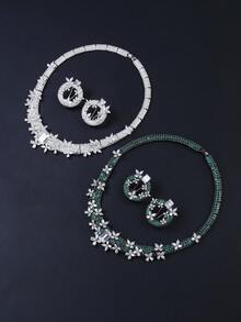 3件套奢华珠宝风格铜质立方氧化锆项链耳环套装，适合搭配婚纱、晚宴礼服。 - 華麗套裝 - 查看 4