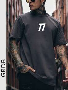 Camiseta de manga corta de cuello redondo con estampado de número de la suerte casual de verano para hombres GRDR - Gris Oscuro - Ver 1