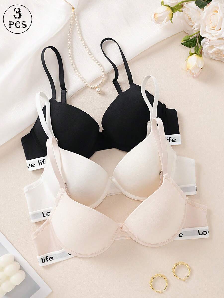 3pcs/Set Solid Color Letter Decor Wireless Gather Bras - Multicolor - View 1
