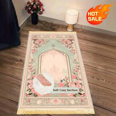 1PC Velvet Islamic Prayer Rug, Luxurious Mint Green & Pink Floral Arch Design With Tassels, Soft Non-Slip Floor Mat For Daily Salah & Eid Festival, Perfect For Living Room, Bedroom, Study | Home Decor, Rugs Living Room, Room Decor, Vintage Home Style, Door Mat, Bath Mat, Garden Rug, Kitchen Decor, Holiday Gift Idea
