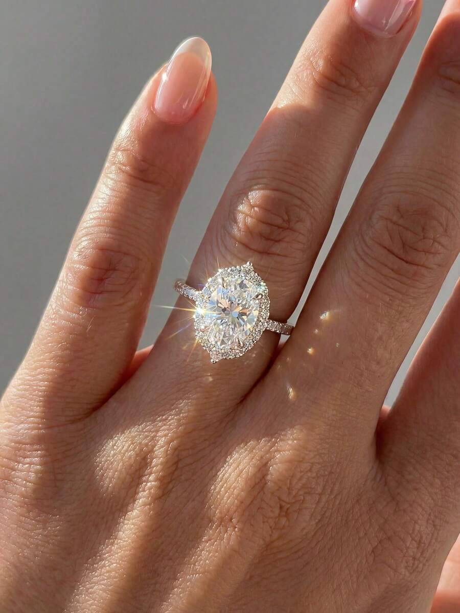 1枚椭圆形环形戒指，女士珠宝，S925纯银镶嵌锆石，奢华精致，结婚订婚戒指礼物