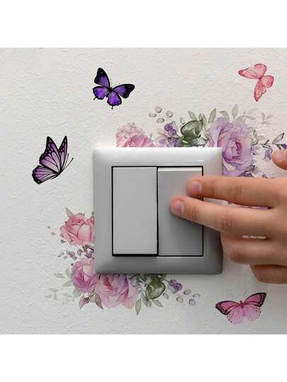 花卉蝴蝶开关贴纸，迷你花园主题，PVC材质，自粘式，魅力墙面装饰，适用于客厅插座、卧室灯开关、入户感应面板、酒店床头控制、办公室电源插座等，迷你伊甸园艺术风格。