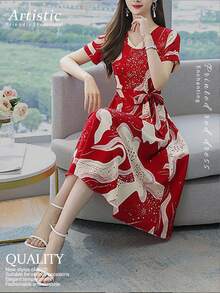 Valentine's Day Long Sleeve Tops Primavera A Verano Red Tops Resort Wear Women Mardi Gras Dresses For Women Vestidos Elegantes De Mujer Elegant Small V-Neck Geometric Print Lace-Up Dress, Fashionable And Elegant V-Neck Lace-Up Style Spring Outfits For Women Festival Outfits For Women Concert Outfit Women Womens Tops Spring Break Outfits Brunch Outfits For Women - 紅色 - 查看 2