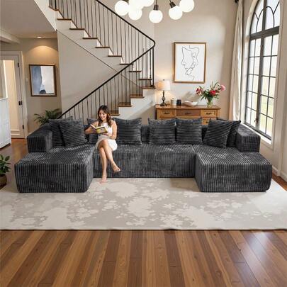 [3 Packages Shipping] 132'' U-Shape Modular Cloud Corduroy Sofa - Modern And Suitable For Living Room, Comfortable,Living Room Combination Sofa,No Assembly Needed,Popular Boneless Sectional Couch Loveseat Couch Vacuum-Sealed Compression Sofa