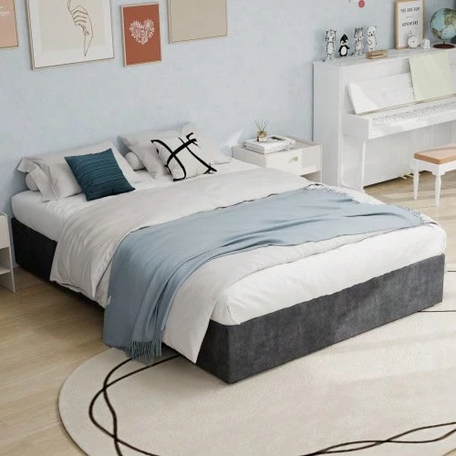 Modern And Sleek Style Bed Frame, 160*200 Cm, Grey, Dutch Velvet Fabric, With Gas Lift, Modern Bedroom Furniture, Headboard And Mattress Not Included. - Dark Grey - View 1
